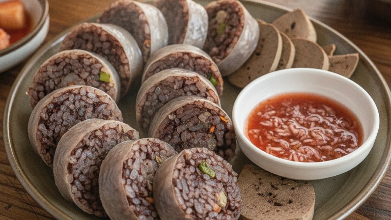 Plate of steamed Byeongcheon sundae Korean blood sausage sliced with pork liver at a Cheonan restaurant — cheonan byeongcheon sundae