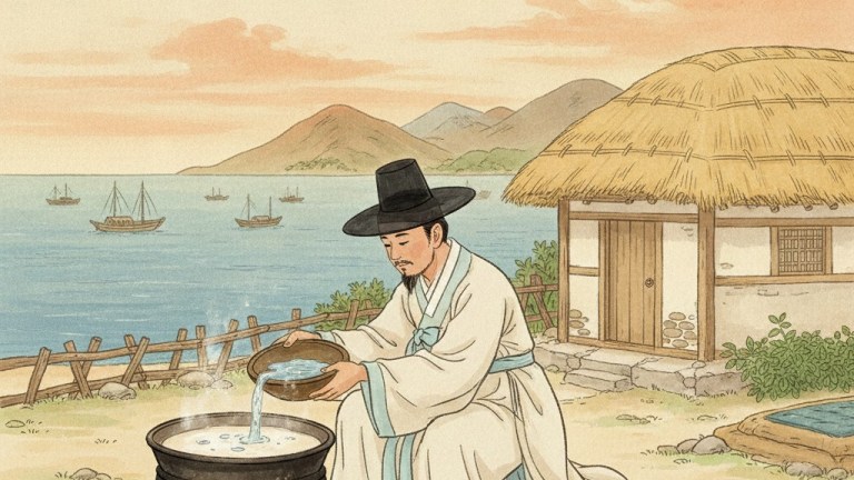 海辺で海水を使ってやわらかい豆腐を作る、朝鮮時代の韓国の学者のイラスト