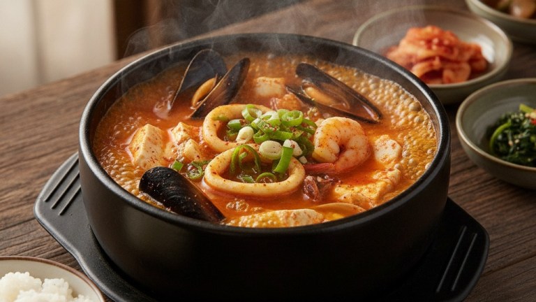 韓国・江陵の店で黒い石鍋に盛られた、ピリ辛海鮮のチャンポンスンドゥブ(おぼろ豆腐チゲ)