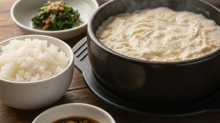 韓国・江陵の、しょうゆだれを添えた温かくなめらかなチョダンスンドゥブ(おぼろ豆腐)の器