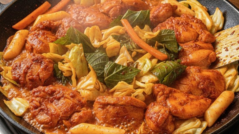 Chuncheon dakgalbi spicy marinated chicken stir-frying on a round iron plate with cabbage sweet potato and rice cake in gochujang sauce