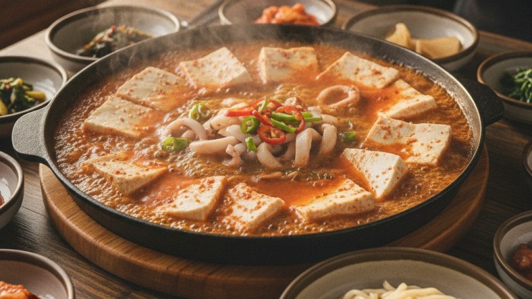 Bubbling pan of Korean dubu-duruchigi spicy tofu in red gochujang broth with greens in Daejeon — daejeon sungsimdang dubu