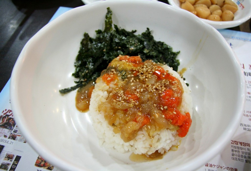 Ganjang gejang served with white rice, the classic Korean raw crab rice thief pairing — ganjang gejang king