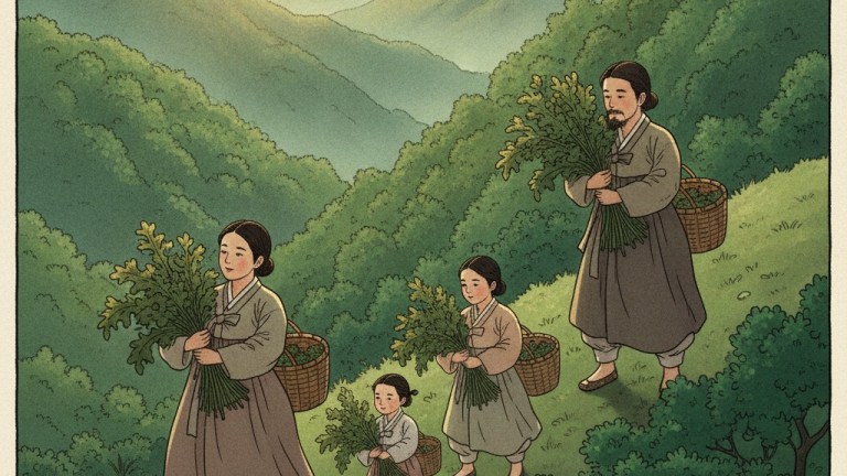 春の飢饉の時期、江原道の山あいで一家がコンドゥレを摘む様子を描いたイラスト