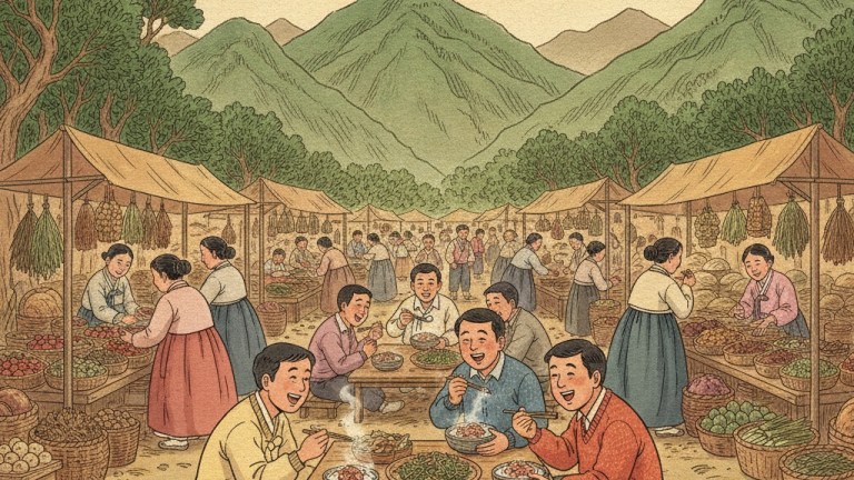 旌善の五日市を訪れた人々がコンドゥレナムルパプを楽しむ様子を描いたイラスト