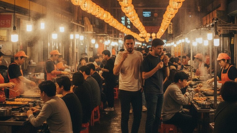 Busy food alley at Gwangjang Market in Jongno Seoul with street food stalls and diners on stools