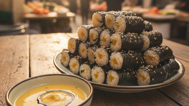 Mayak gimbap tiny sesame oil rice rolls with mustard soy dipping sauce at Gwangjang Market