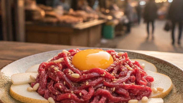 Yukhoe Korean raw beef tartare with sesame oil and egg yolk on a plate at Gwangjang Market