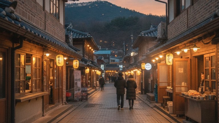 Jangchung-dong jokbal alley street in Seoul Korea at dusk with old restaurant fronts and warm lights near Namsan — jangchung jokbal