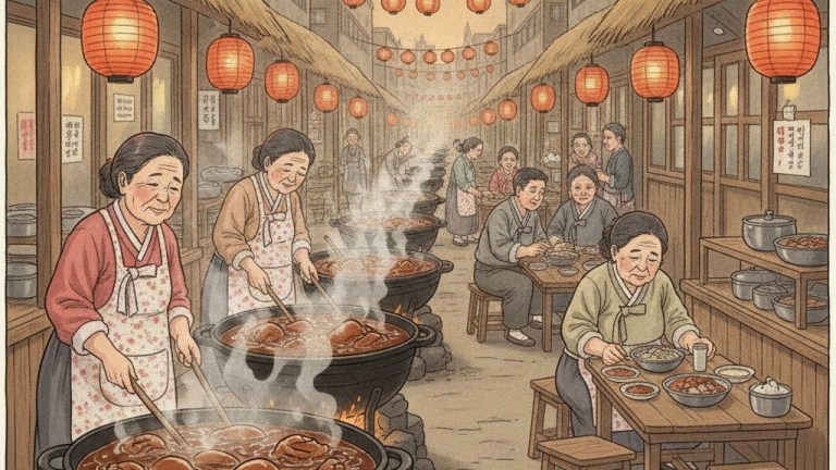 Full Korean jokbal table setting with braised pig trotters platter cold buckwheat noodles lettuce wraps and side dishes — jangchung jokbal
