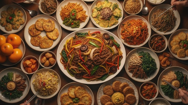 中央にチャプチェの大皿が置かれた韓国のお祝いの食卓
