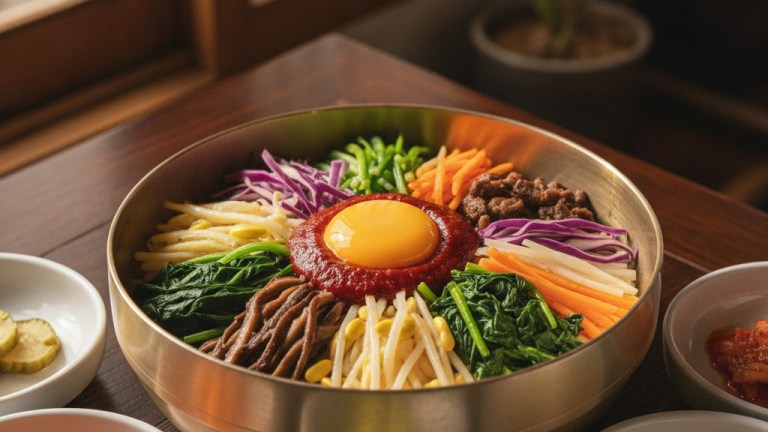 真鍮の器に盛られた彩り豊かな全州ビビンバ、混ぜる前の味付け野菜・牛肉・卵・コチュジャン