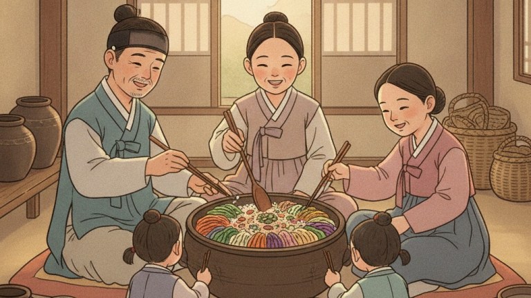 朝鮮時代の韓国の家族が一緒にビビンバを混ぜる様子を描いたイラスト、この料理の起源説のひとつ