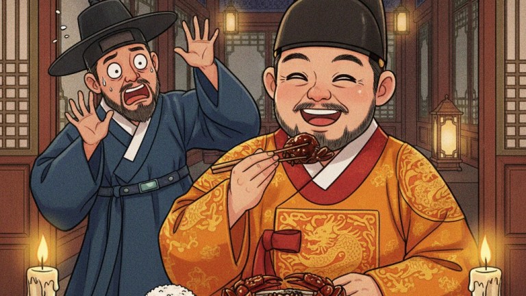 King Gyeongjong ganjang gejang night scene — Korean raw crab history playful illustration — ganjang gejang king
