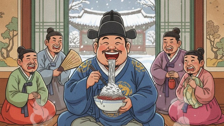 A person eating Korean cold noodles (naengmyeon) with chopsticks at a restaurant — naengmyeon winter origin