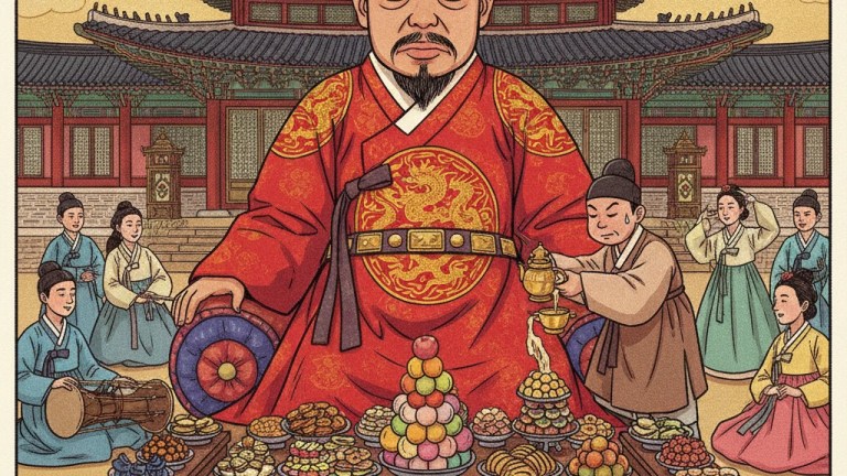 King Yeonsangun royal banquet scene — Joseon tyrant feast playful illustration — kdrama villain king