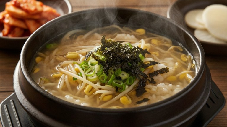 Steaming bowl of Jeonju kongnamul-gukbap bean sprout soup with rice and dried seaweed — kongnamul gukbap jeonju
