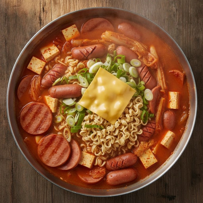 スパム・ソーセージ・ラーメン・キムチ・チーズが入った韓国のプデチゲの鍋