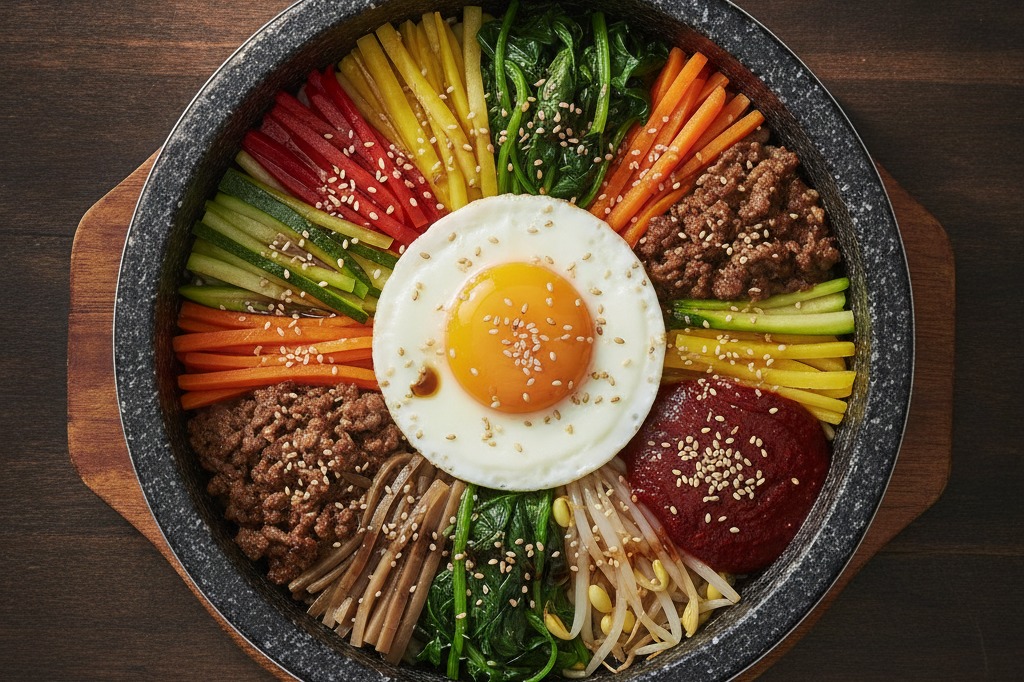 Korean bibimbap in a stone bowl with vegetables, beef and a fried egg