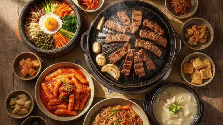A spread of must-try Korean food dishes on a table — what to eat in Korea guide — korean food guide