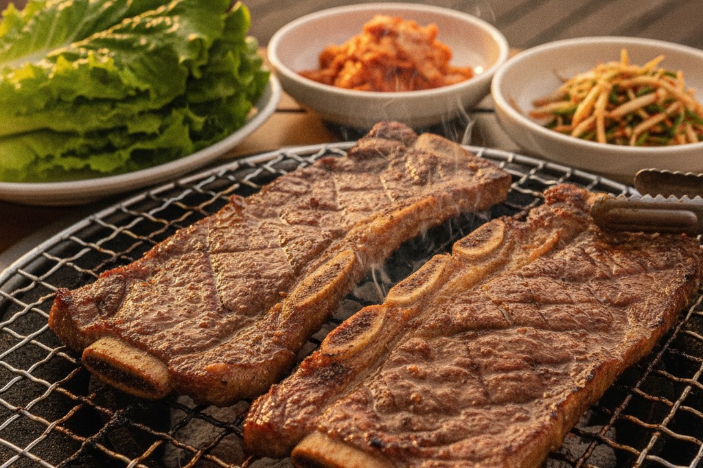 Korean grilled beef short ribs (galbi) on a grill with side dishes
