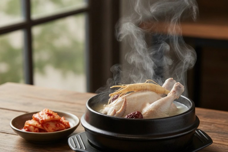 Steaming stone bowl of Korean samgyetang ginseng chicken soup on a summer day in Seoul