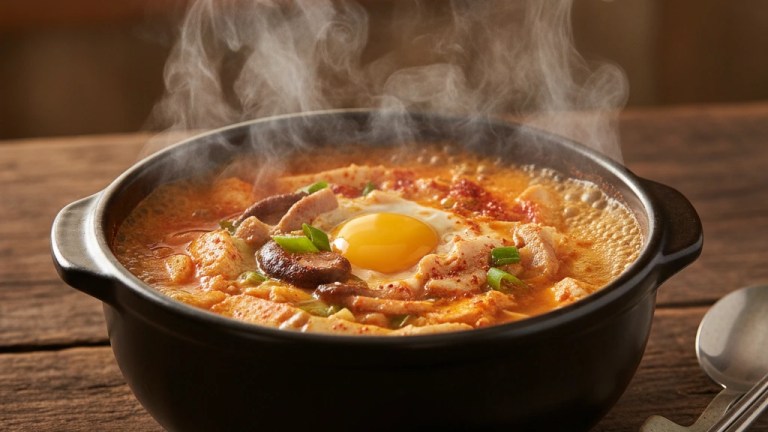 A steaming hot Korean soup served on a sweltering summer day, illustrating the iyeol chiyeol fight heat with heat principle — boknal korean summer