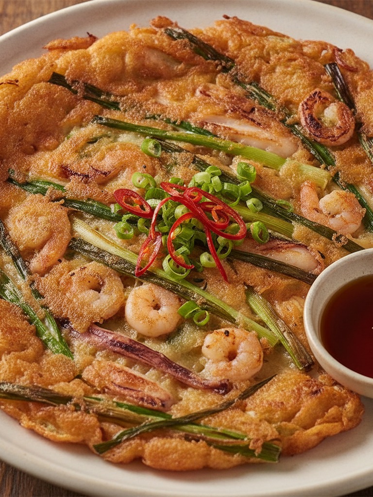 Korean pajeon, a crispy savory green onion and seafood pancake