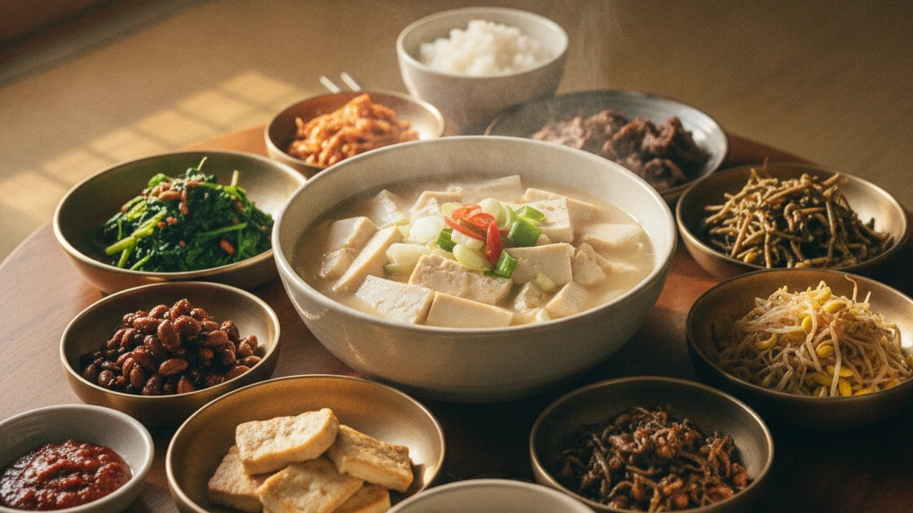 豆腐やナムル、豆のおかずを中心にした韓国の家庭の食卓