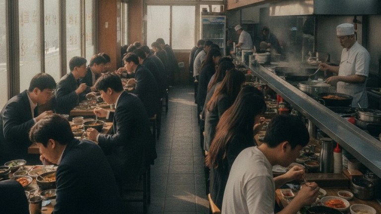 A busy Korean restaurant at lunchtime with many people eating alone at separate tables, honbap solo dining culture in Seoul — honbap eating alone
