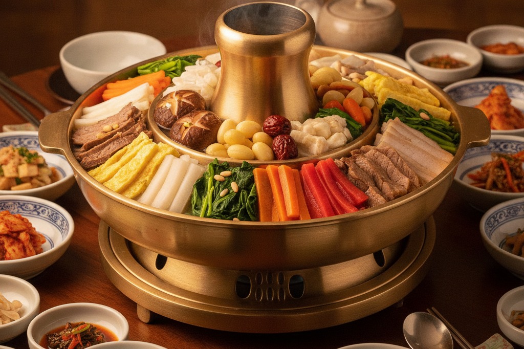 Sinseollo, a Korean royal brass hot pot with assorted vegetables and meat