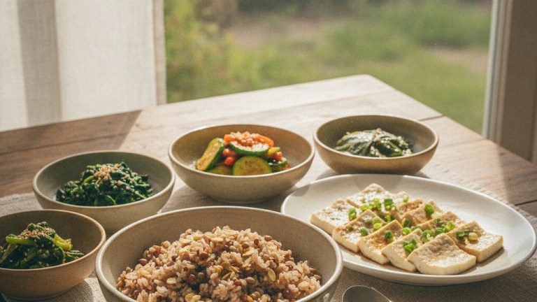 Korean slow aging diet rice bowl with lentils oats and brown rice served with vegetable side dishes