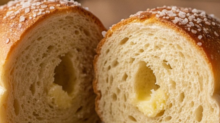Close-up of Korean sogeumppang salt bread showing the crisp buttery crust and soft airy interior — seongsu salt bread