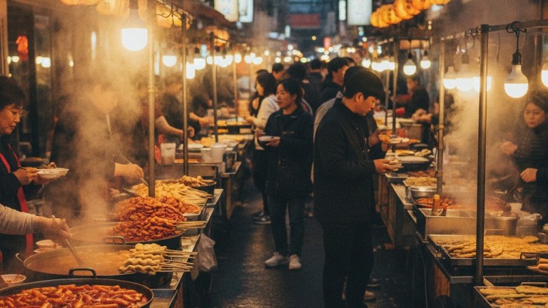 A Korean street food market alley at night with stalls and steam, a guide to Korean street food
