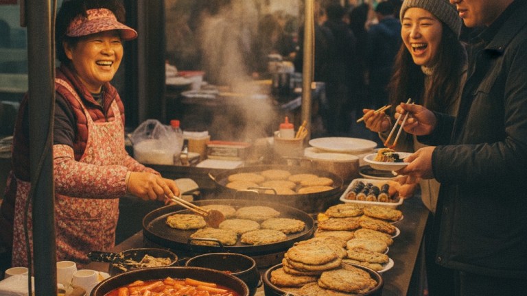 Diners eating at a Korean traditional market food stall, where to find Korean street food