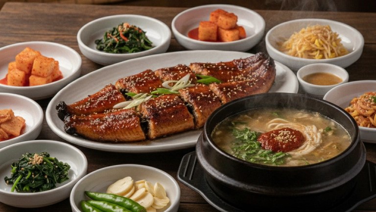 An assortment of Korean summer stamina foods including grilled eel and loach soup for Boknal — boknal korean summer