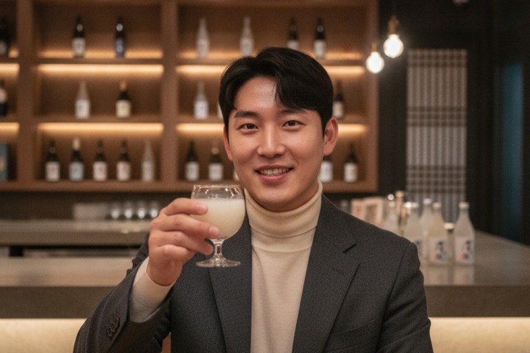 A young Korean man toasting with a glass of makgeolli in a modern craft makgeolli bar — makgeolli korean rice