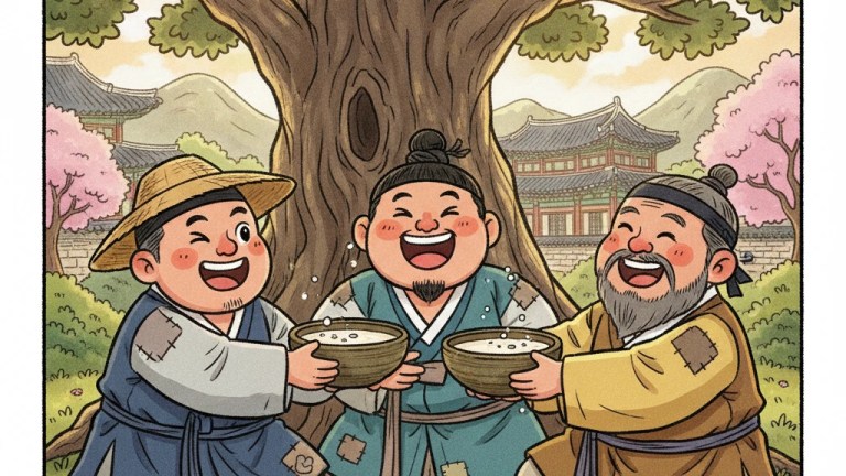 Joseon farmers sharing makgeolli under tree — Korean rice wine history playful illustration — makgeolli korean rice