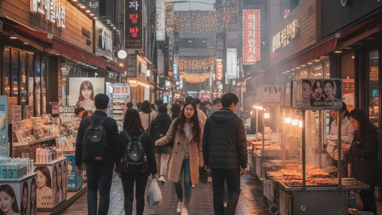 Busy Myeongdong shopping street in central Seoul at dusk with neon signs and crowds