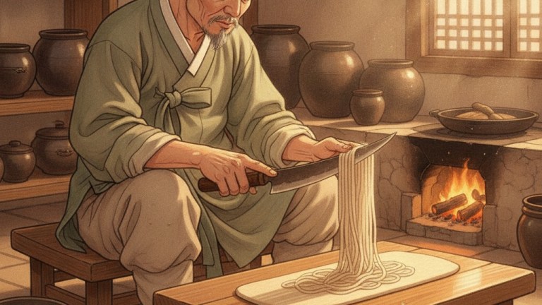 Illustration of a traditional Korean noodle shop with hand-cut wheat noodles in an old hanok