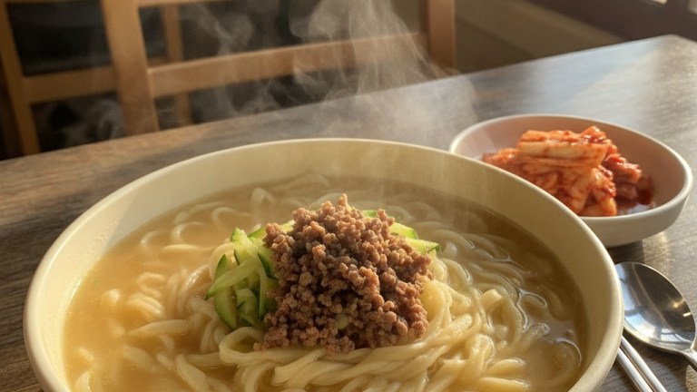 Bowl of Korean kalguksu knife-cut wheat noodles in a warm savory broth topped with minced meat and zucchini