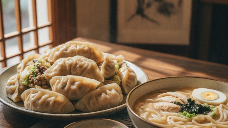 Plate of steamed Korean mandu dumplings filled with pork and vegetables at a Myeongdong restaurant