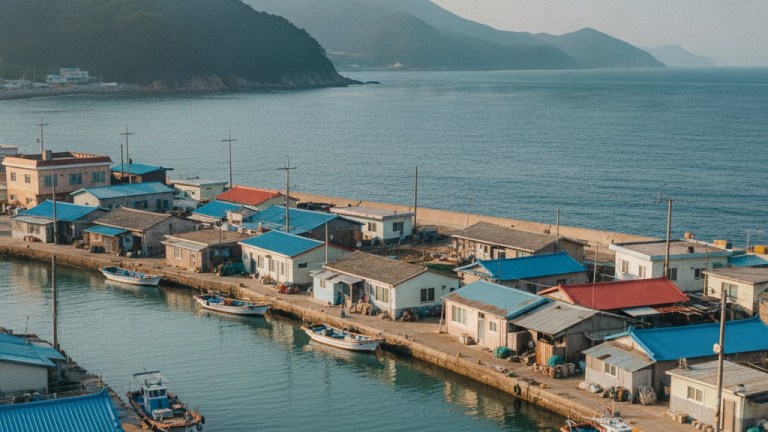 Abai Village and the hand-pulled galbae ferry across the water in Sokcho Korea near the East Sea — ojingeo sundae