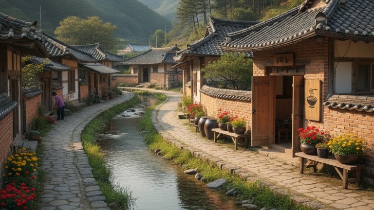 Quiet riverside town of Cheongsan in Okcheon county North Chungcheong Korea with hills and stream — okcheon saengseon guksu
