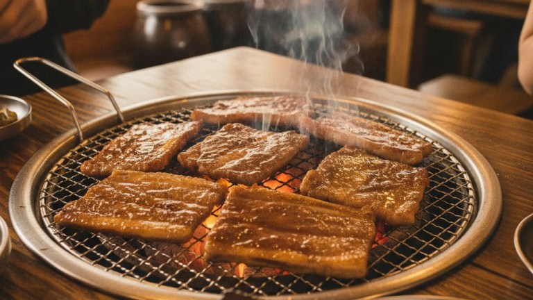 Idong galbi Korean marinated beef short ribs grilling over charcoal with glossy soy glaze at a Pocheon restaurant table — pocheon idong galbi