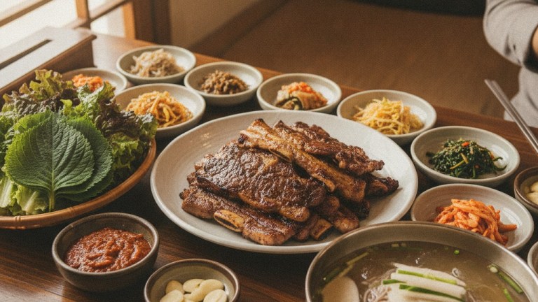 Illustration of 1960s Pocheon Idong galbi eatery with cooks grilling skewered beef ribs and soldiers eating folk painting style