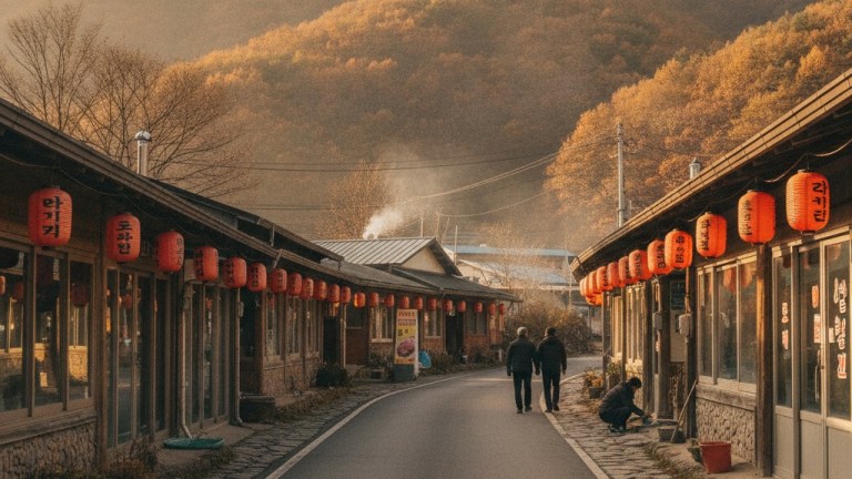 Pocheon Idong-myeon galbi village countryside road in Gyeonggi-do Korea with mountains and restaurant fronts in autumn light — pocheon idong galbi