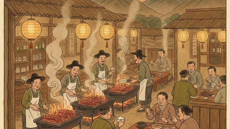 Full Idong galbi table setting with grilled marinated beef ribs lettuce wraps ssamjang garlic and cold dongchimi noodles side dishes — pocheon idong galbi