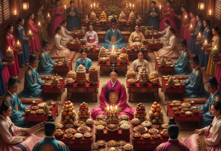 A lavish Korean royal banquet spread of many colorful dishes — kdrama villain king