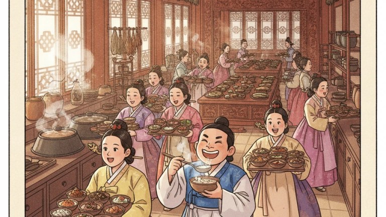 A Korean royal-style table setting with brass bowls, grilled fish, and namul side dishes — korean royal cuisine